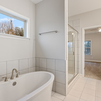 Medium master bathroom and tub