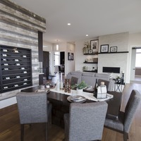 Medium open concept living custom build dining room living fireplace